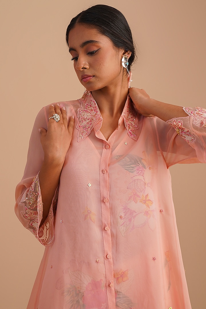Blush Silk & Organza Floral Hand Embroidered Co-Ord Set by One not two at Pernia's Pop Up Shop