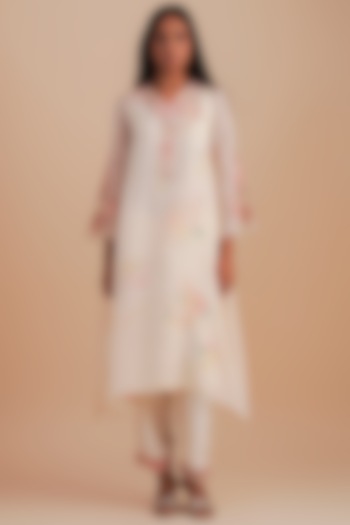 Ecru Viscose Organza & Pure Organza Hand Embroidered Kurta Set by One not two at Pernia's Pop Up Shop