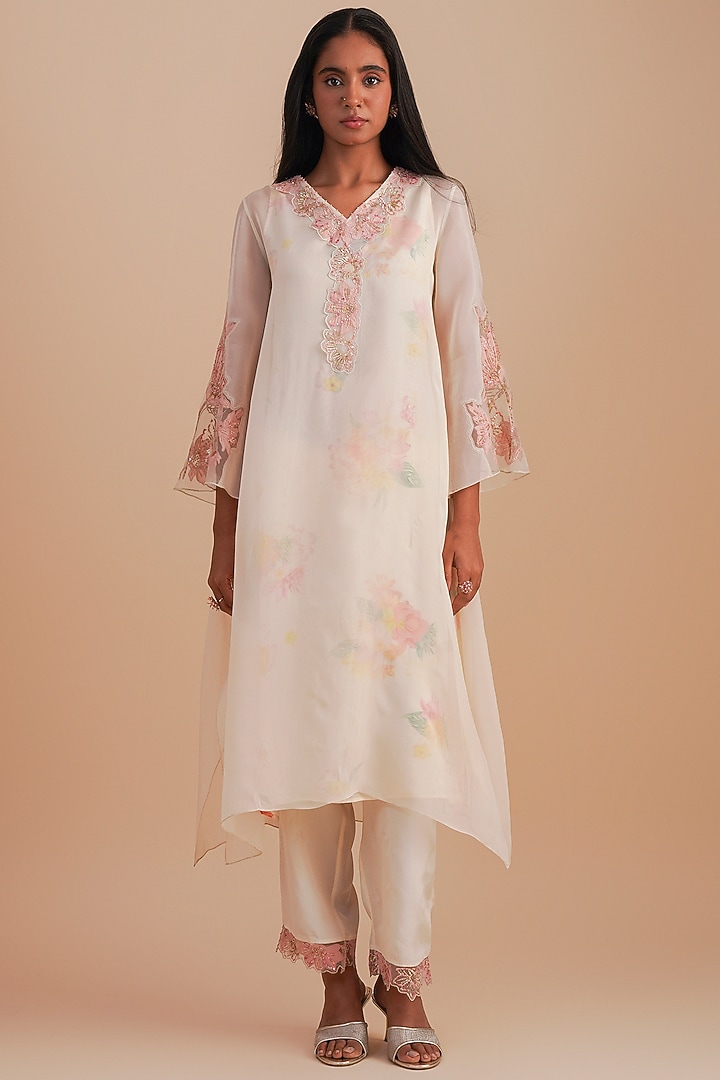 Ecru Viscose Organza & Pure Organza Hand Embroidered Kurta Set by One not two at Pernia's Pop Up Shop