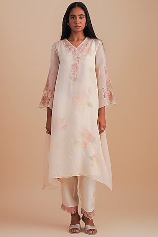 Ecru Viscose Organza & Pure Organza Hand Embroidered Kurta Set by One not two