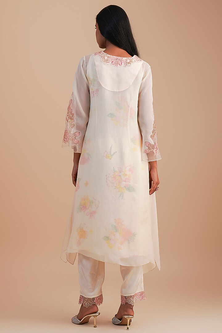 Ecru Viscose Organza & Pure Organza Hand Embroidered Kurta Set by One not two at Pernia's Pop Up Shop