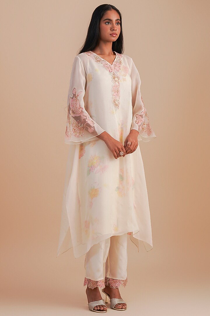 Ecru Viscose Organza & Pure Organza Hand Embroidered Kurta Set by One not two at Pernia's Pop Up Shop