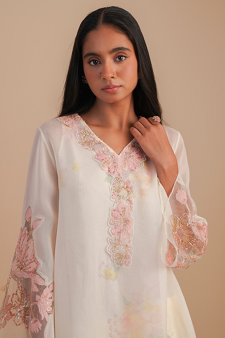 Ecru Viscose Organza & Pure Organza Hand Embroidered Kurta Set by One not two at Pernia's Pop Up Shop