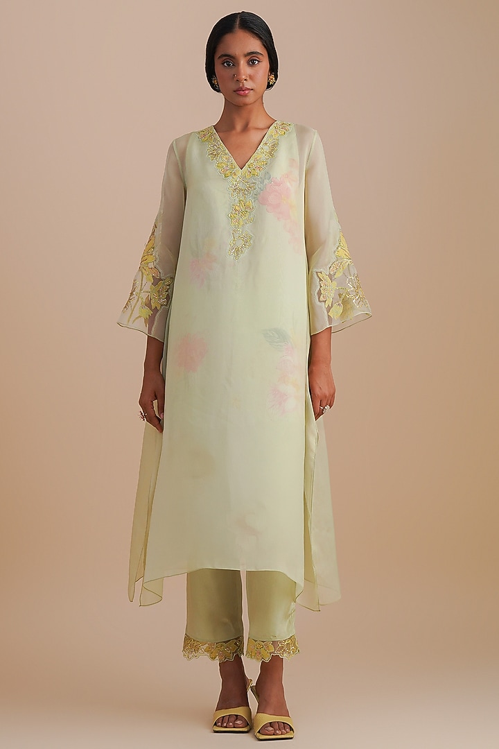 Mist Viscose Organza & Pure Organza Hand Embroidered Kurta Set by One not two at Pernia's Pop Up Shop