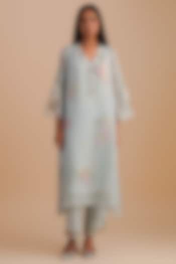 Powder Blue Viscose Organza & Pure Organza Hand Embroidered Kurta Set by One not two at Pernia's Pop Up Shop