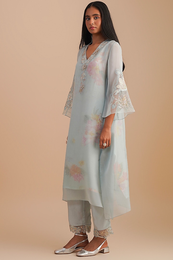 Powder Blue Viscose Organza & Pure Organza Hand Embroidered Kurta Set by One not two at Pernia's Pop Up Shop