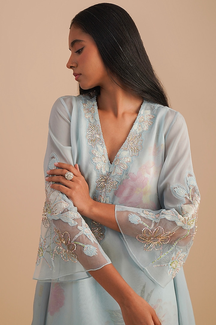 Powder Blue Viscose Organza & Pure Organza Hand Embroidered Kurta Set by One not two at Pernia's Pop Up Shop