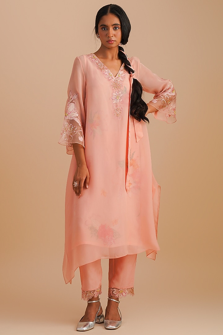 Blush Viscose Organza & Pure Organza Hand Embroidered Kurta Set by One not two at Pernia's Pop Up Shop