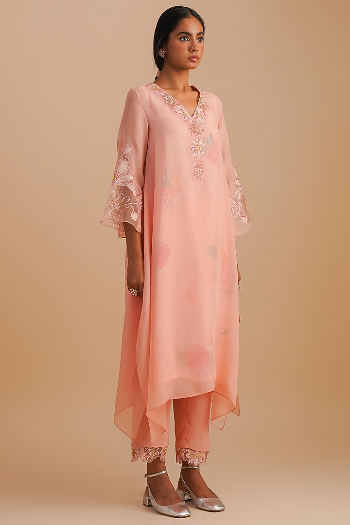 Blush Viscose Organza & Pure Organza Hand Embroidered Kurta Set by One not two at Pernia's Pop Up Shop