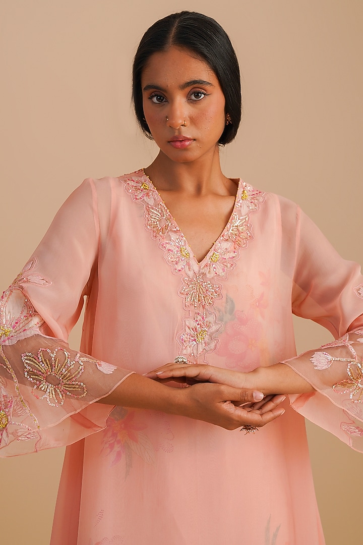 Blush Viscose Organza & Pure Organza Hand Embroidered Kurta Set by One not two at Pernia's Pop Up Shop