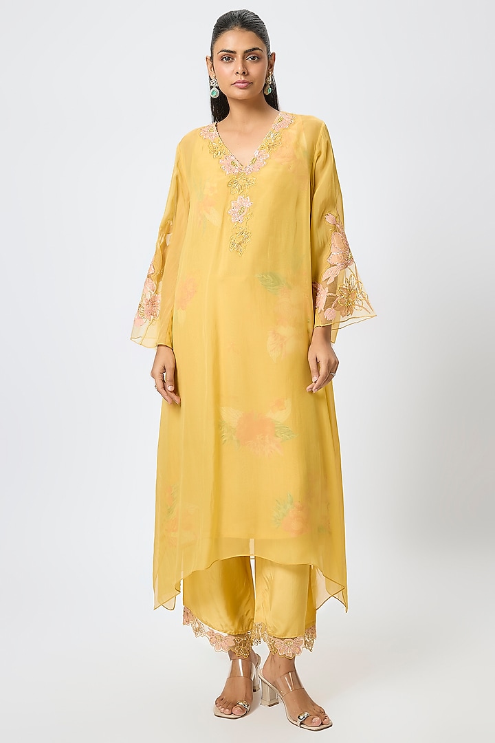 Daffodil Viscose Organza Hand Embroidered Kurta Set by One not two at Pernia's Pop Up Shop