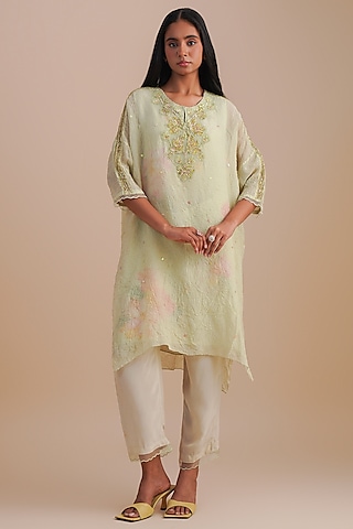 Mist Viscose Organza Floral Hand Embroidered Kurta Set by One not two