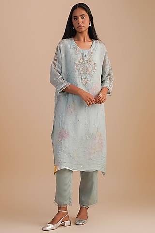 Powder Blue Viscose Organza Floral Hand Embroidered Kurta Set by One not two