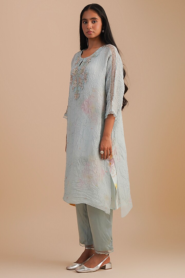 Powder Blue Viscose Organza Floral Hand Embroidered Kurta Set by One not two at Pernia's Pop Up Shop