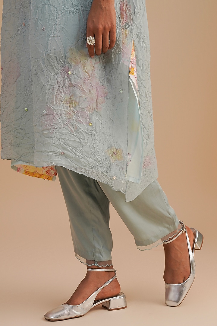 Powder Blue Viscose Organza Floral Hand Embroidered Kurta Set by One not two at Pernia's Pop Up Shop