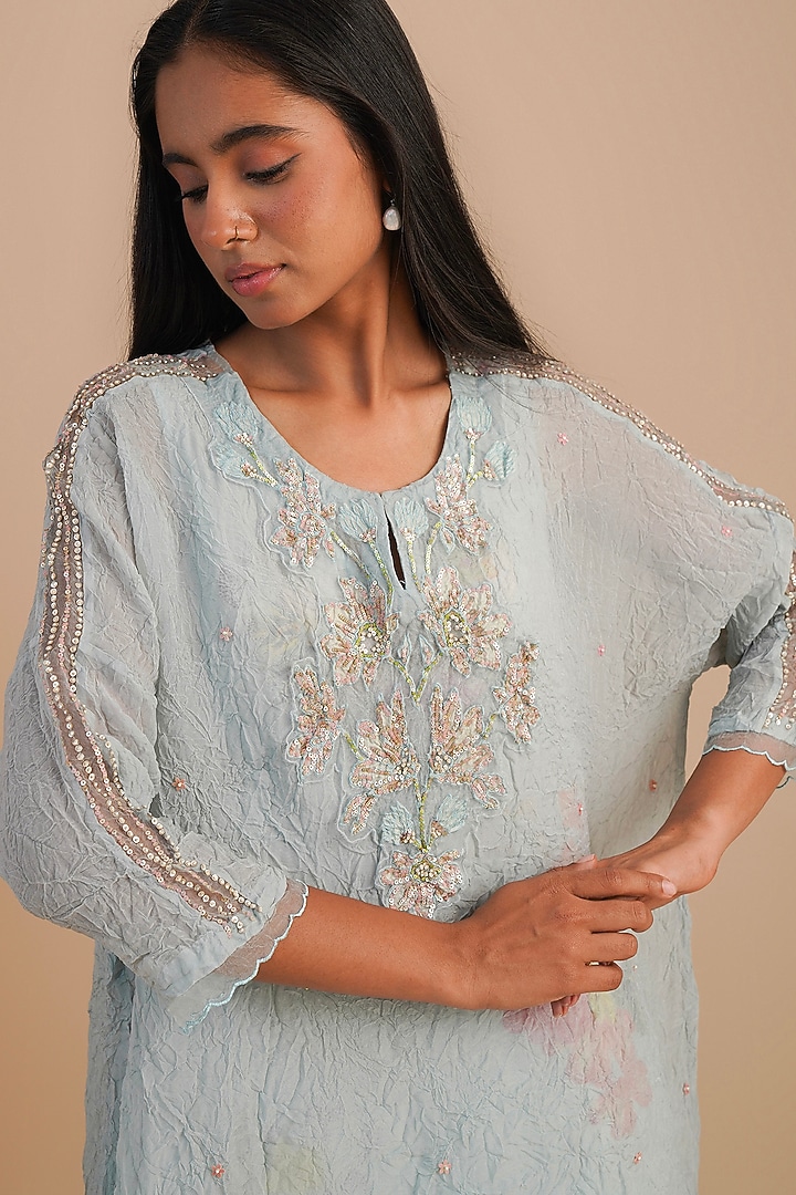 Powder Blue Viscose Organza Floral Hand Embroidered Kurta Set by One not two at Pernia's Pop Up Shop