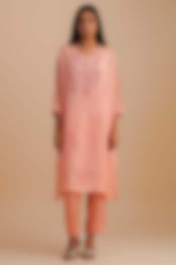 Blush Viscose Organza Floral Hand Embroidered Kurta Set by One not two at Pernia's Pop Up Shop