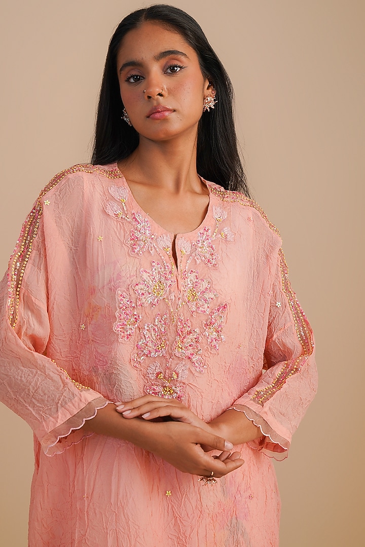 Blush Viscose Organza Floral Hand Embroidered Kurta Set by One not two at Pernia's Pop Up Shop