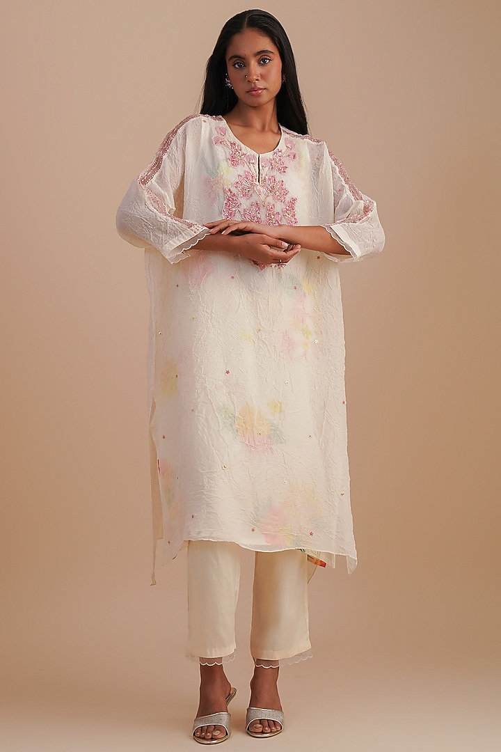 Ecru Viscose Organza Floral Hand Embroidered Kurta Set by One not two at Pernia's Pop Up Shop