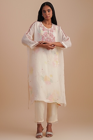Ecru Viscose Organza Floral Hand Embroidered Kurta Set by One not two