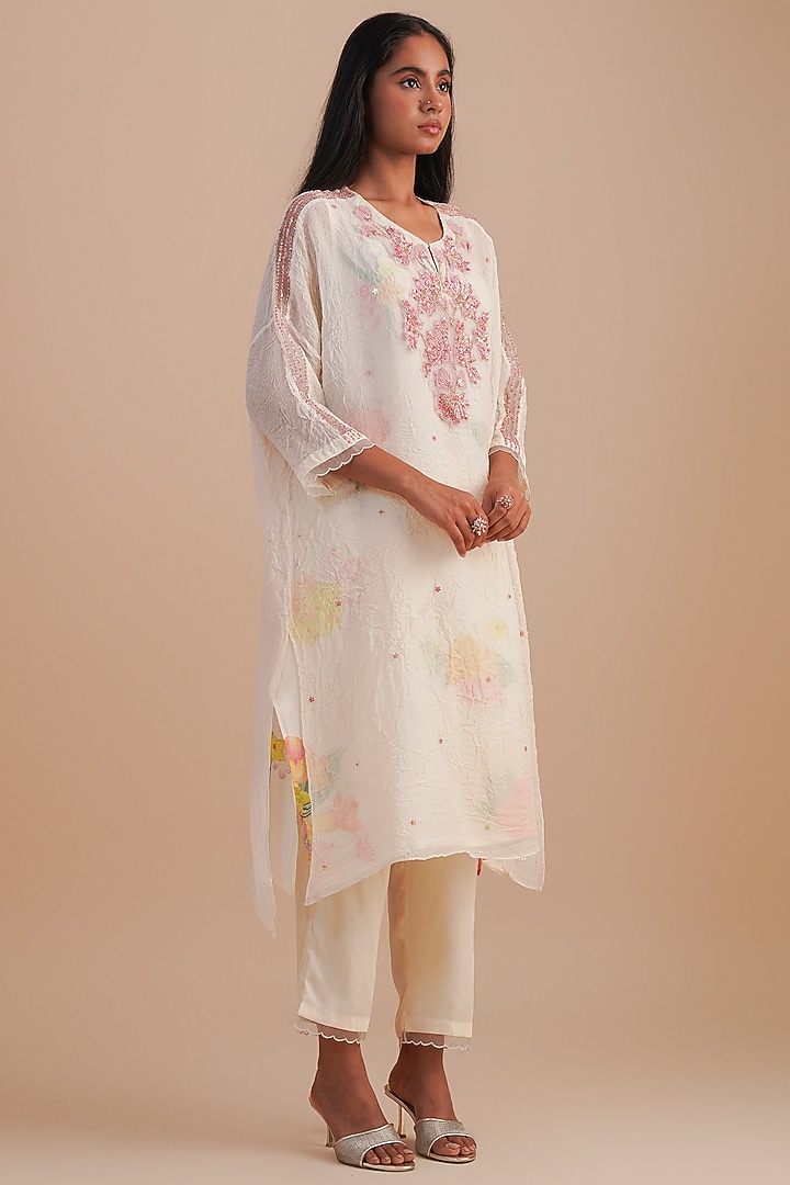 Ecru Viscose Organza Floral Hand Embroidered Kurta Set by One not two at Pernia's Pop Up Shop