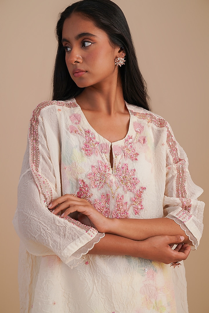 Ecru Viscose Organza Floral Hand Embroidered Kurta Set by One not two at Pernia's Pop Up Shop