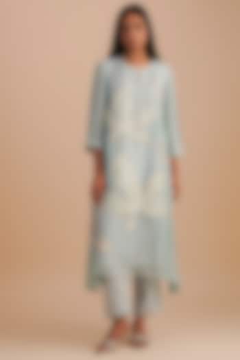 Powder Blue Silk Organza Hand Embroidered Kurta Set by One not two at Pernia's Pop Up Shop