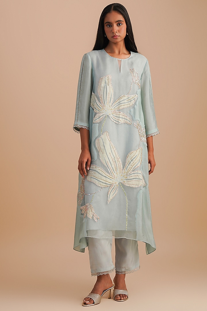 Powder Blue Silk Organza Hand Embroidered Kurta Set by One not two at Pernia's Pop Up Shop
