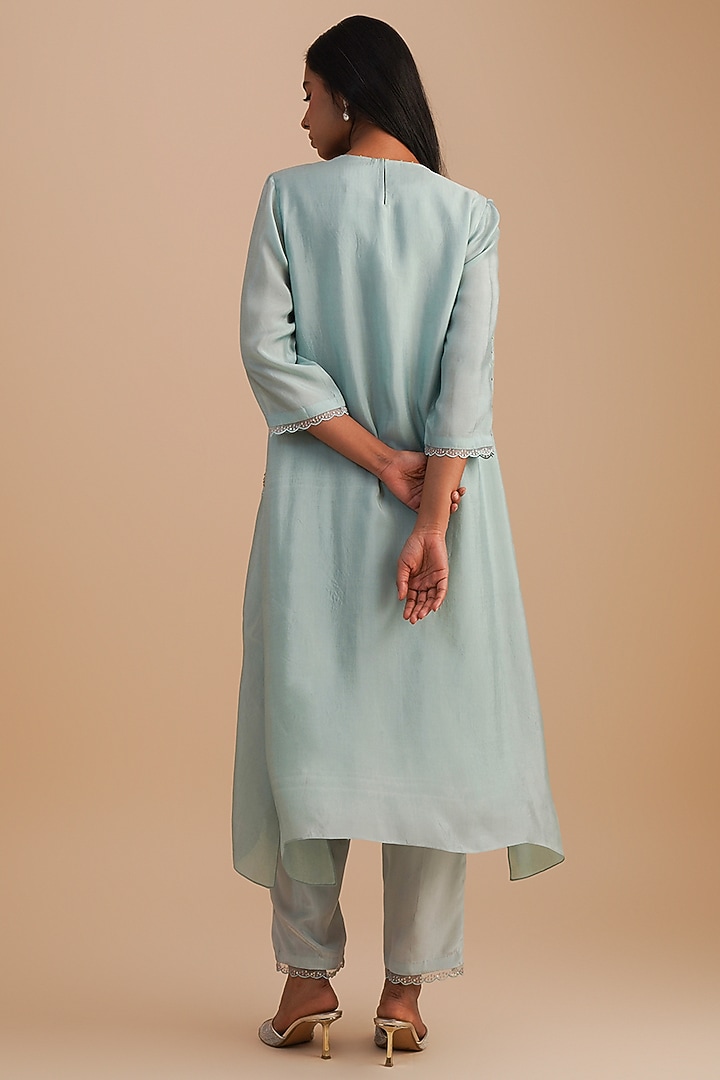 Powder Blue Silk Organza Hand Embroidered Kurta Set by One not two at Pernia's Pop Up Shop