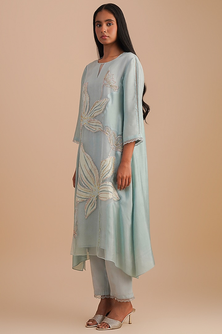 Powder Blue Silk Organza Hand Embroidered Kurta Set by One not two at Pernia's Pop Up Shop
