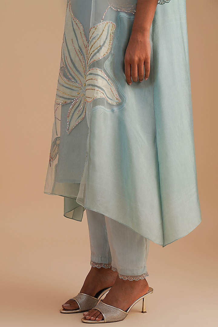 Powder Blue Silk Organza Hand Embroidered Kurta Set by One not two at Pernia's Pop Up Shop