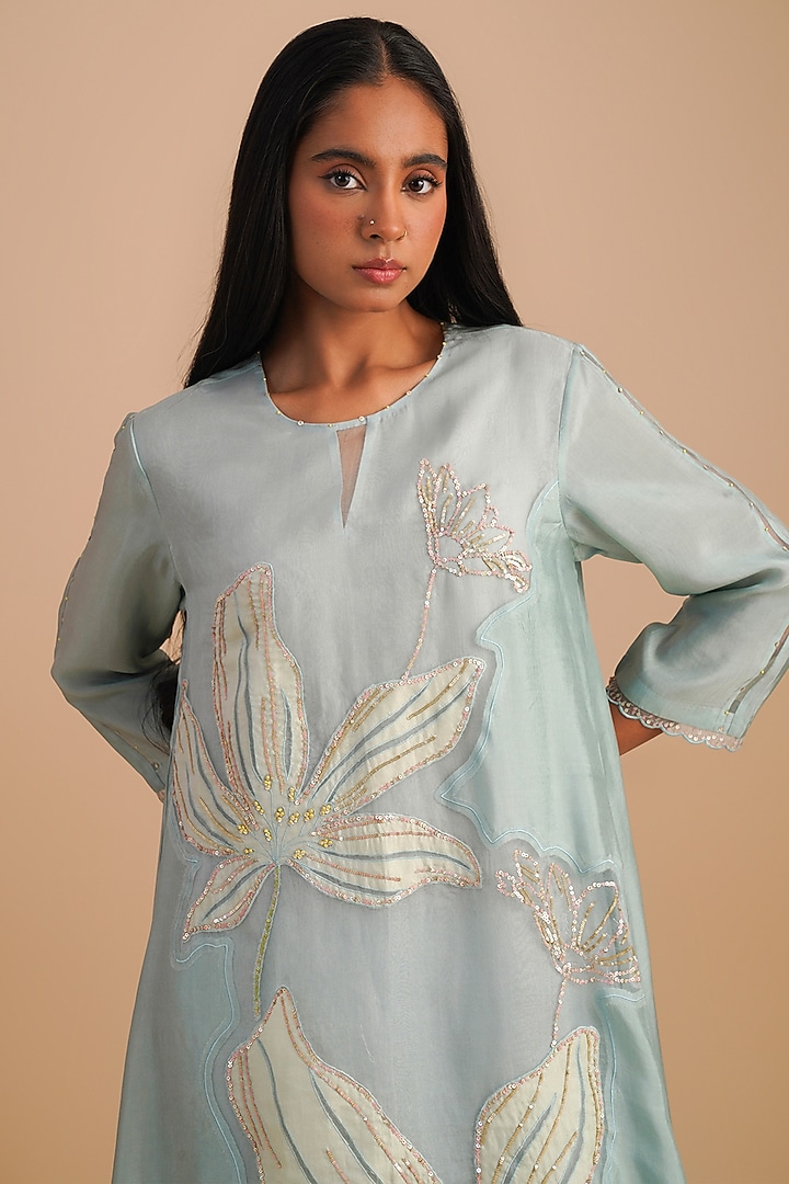 Powder Blue Silk Organza Hand Embroidered Kurta Set by One not two at Pernia's Pop Up Shop