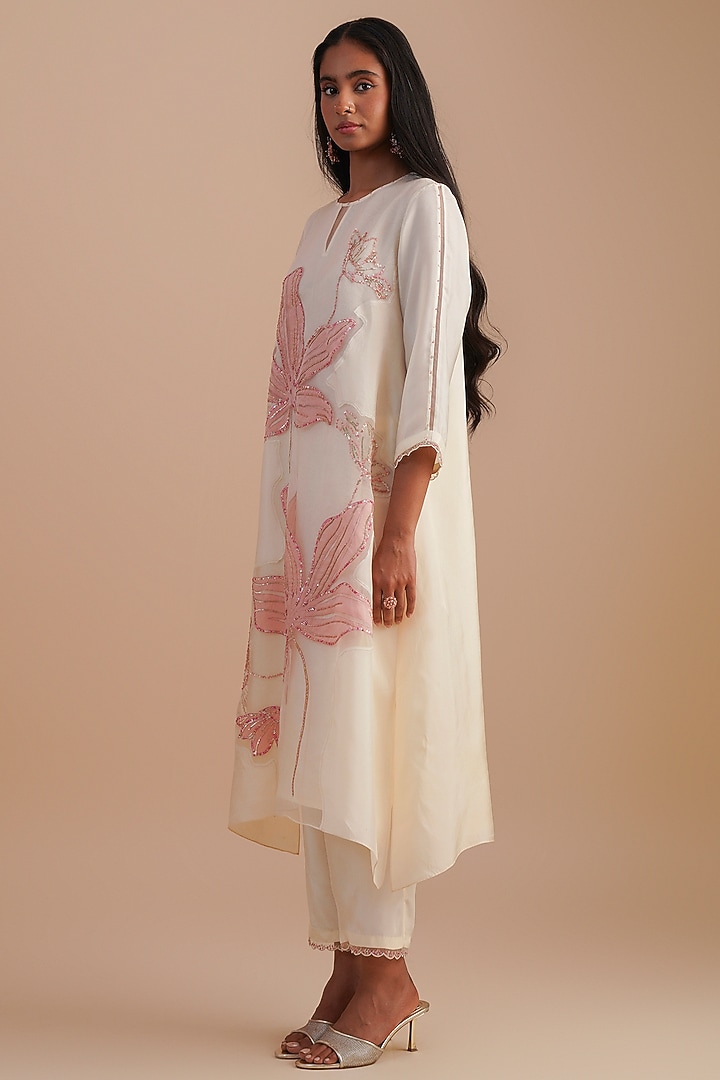Ecru Silk Organza Hand Embroidered Kurta Set by One not two at Pernia's Pop Up Shop