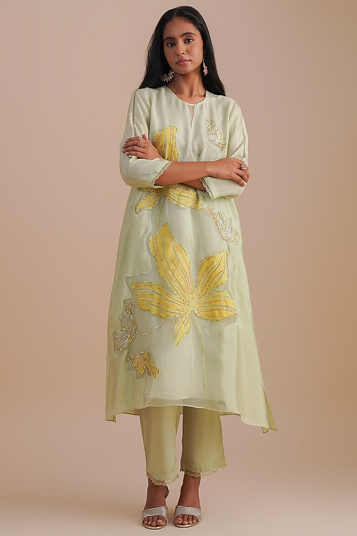 Mist Silk Organza Hand Embroidered Kurta Set by One not two at Pernia's Pop Up Shop