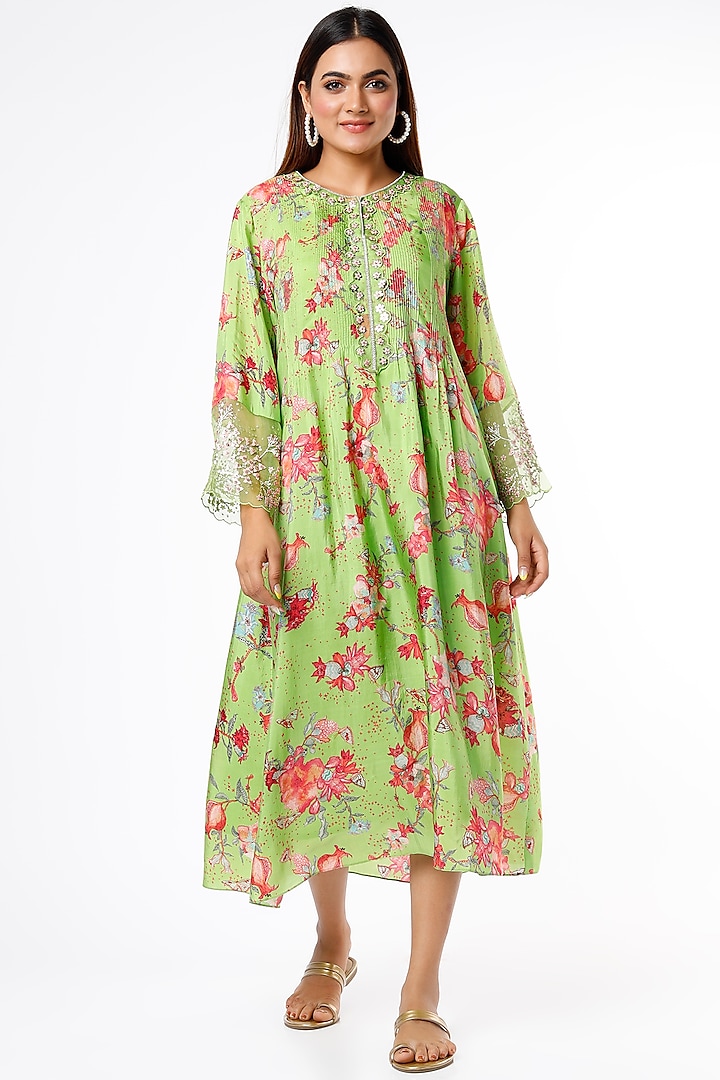 Leaf Green Printed & Embroidered Tunic by One not two