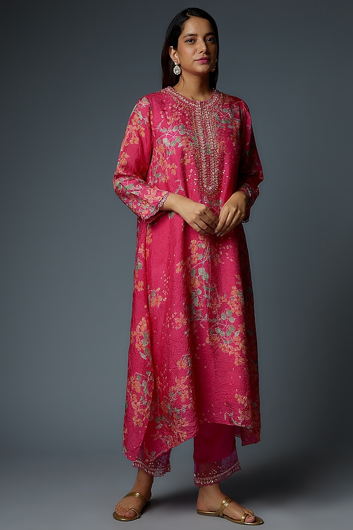 Hot Pink Viscose Silk Printed & Embroidered Kurta by One not two at Pernia's Pop Up Shop