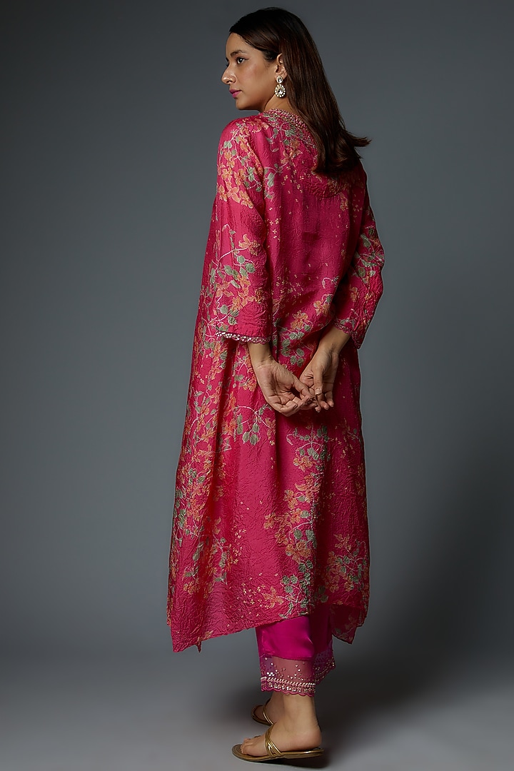 Hot Pink Viscose Silk Printed & Embroidered Kurta by One not two at Pernia's Pop Up Shop
