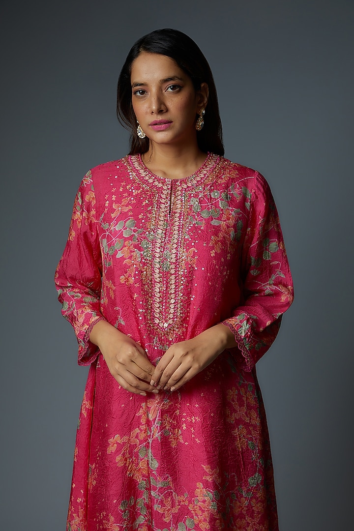 Hot Pink Viscose Silk Printed & Embroidered Kurta by One not two at Pernia's Pop Up Shop