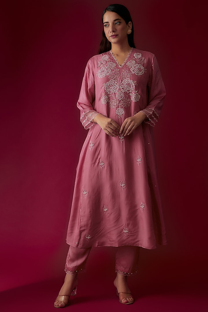 Rose Pink Viscose Silk Embroidered Kurta by One not two at Pernia's Pop Up Shop