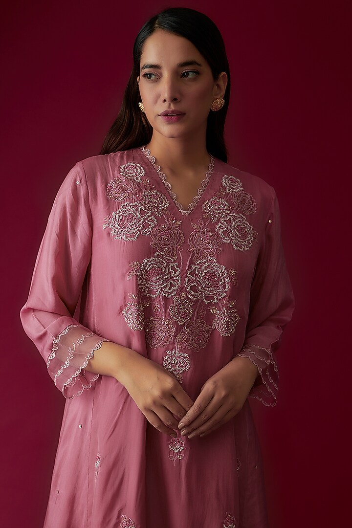 Rose Pink Viscose Silk Embroidered Kurta by One not two at Pernia's Pop Up Shop