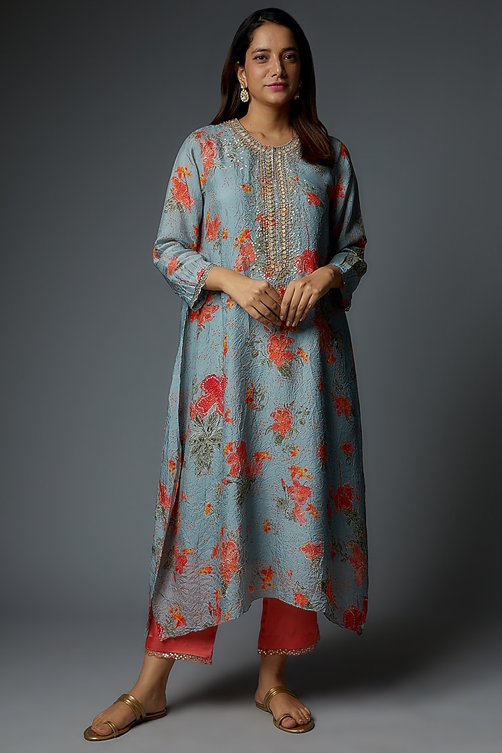 Powder Blue Viscose Silk Printed & Embroidered Kurta by One not two at Pernia's Pop Up Shop