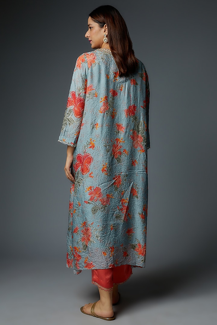Powder Blue Viscose Silk Printed & Embroidered Kurta by One not two at Pernia's Pop Up Shop