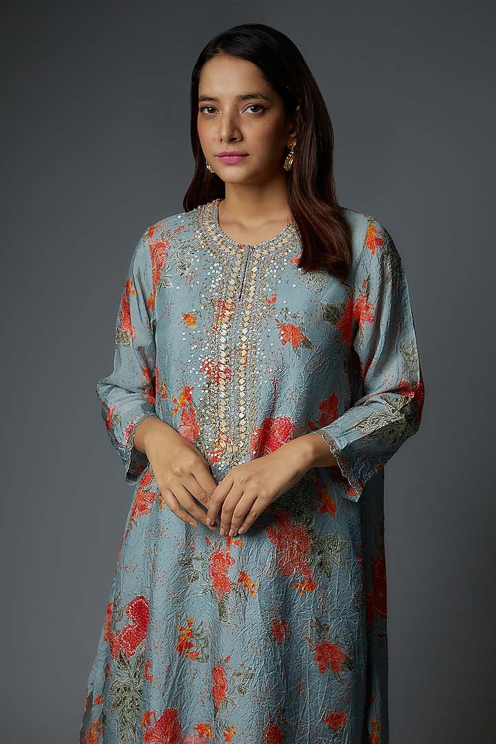 Powder Blue Viscose Silk Printed & Embroidered Kurta by One not two at Pernia's Pop Up Shop