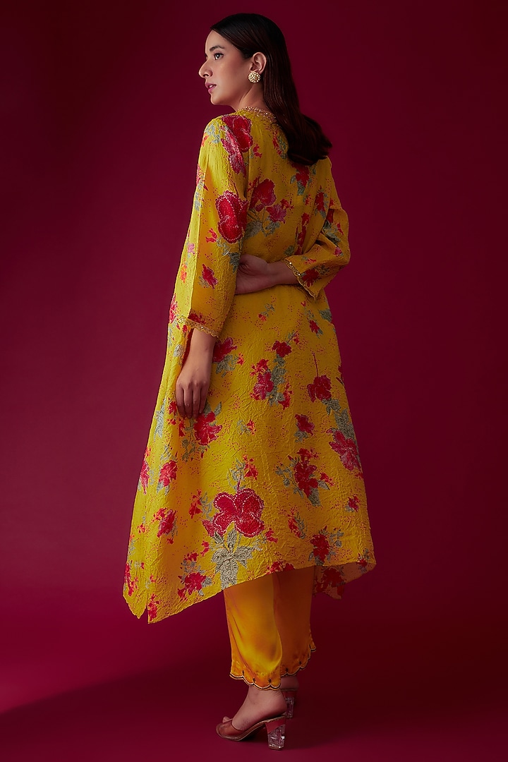 Citrine Yellow Viscose Silk Printed & Embroidered Kurta by One not two at Pernia's Pop Up Shop