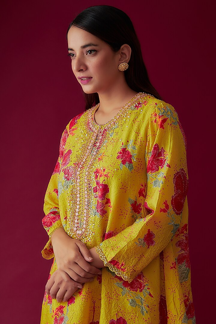 Citrine Yellow Viscose Silk Printed & Embroidered Kurta by One not two at Pernia's Pop Up Shop