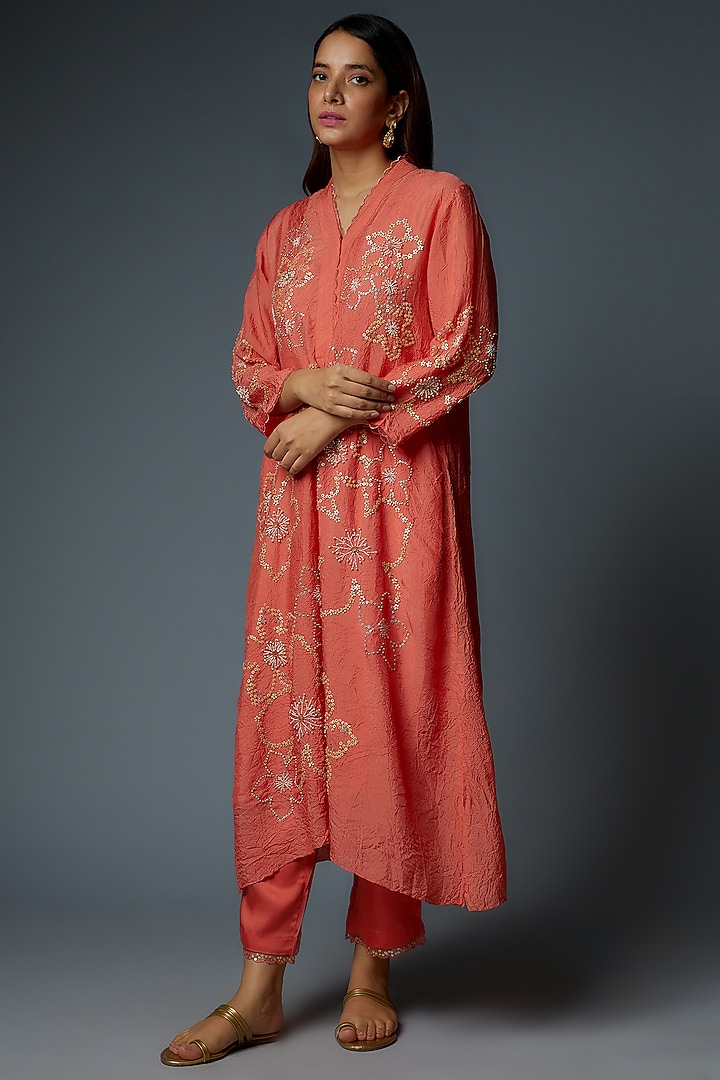Coral Viscose Silk Embroidered Kurta by One not two at Pernia's Pop Up Shop