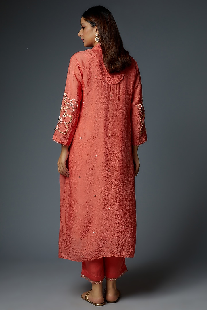Coral Viscose Silk Embroidered Kurta by One not two at Pernia's Pop Up Shop