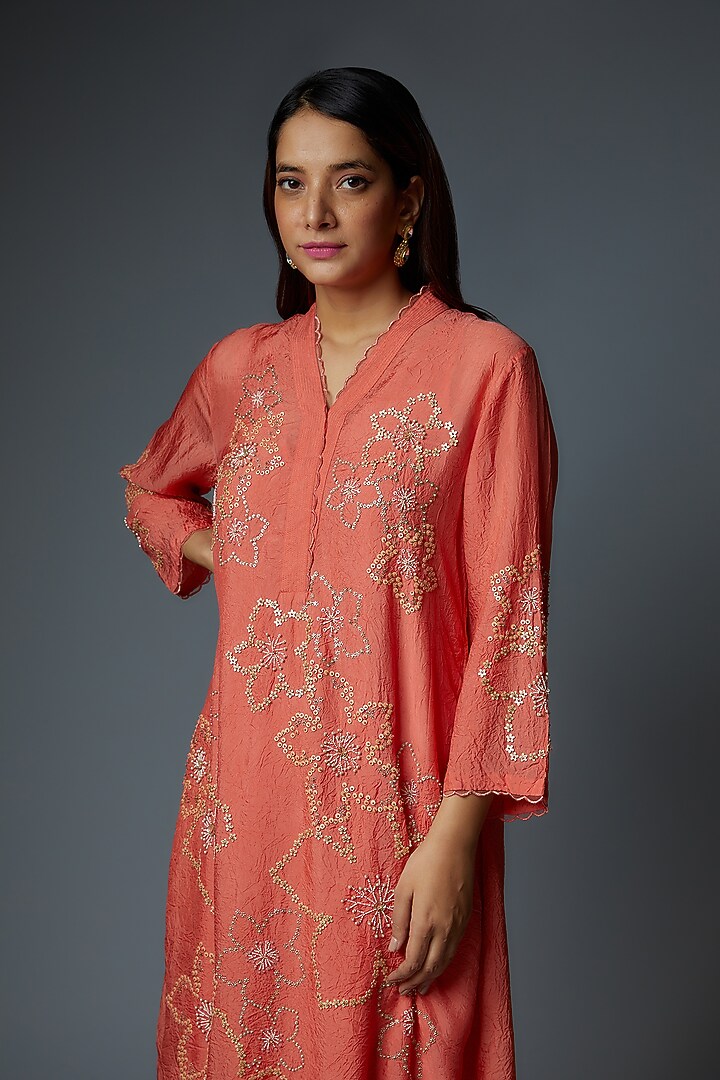 Coral Viscose Silk Embroidered Kurta by One not two at Pernia's Pop Up Shop