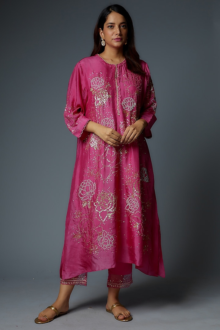 Hot Pink Viscose Silk Embroidered Kurta Design by One not two at Pernia ...