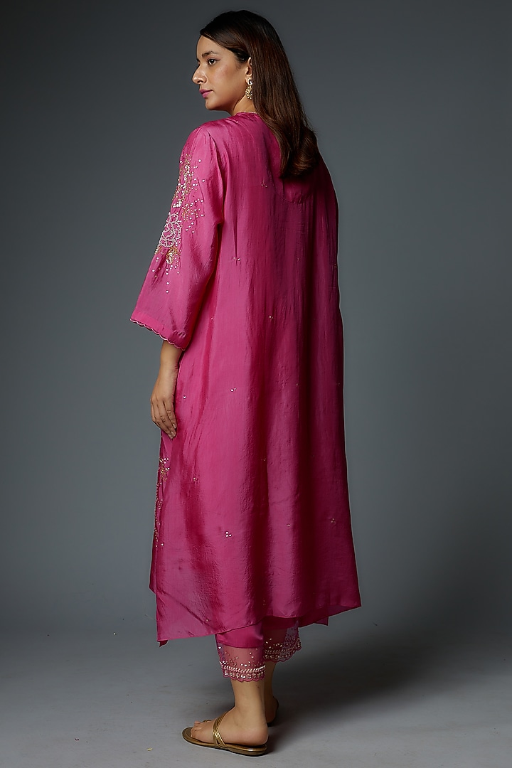 Hot Pink Viscose Silk Embroidered Kurta by One not two at Pernia's Pop Up Shop